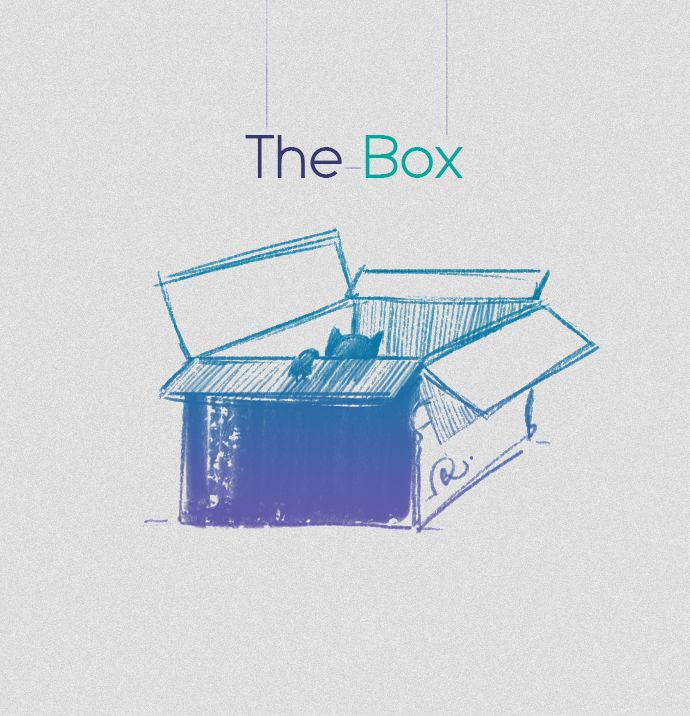 Text: The box

Image: A purple and turquoise doodle of a big box with a cat in it. 
