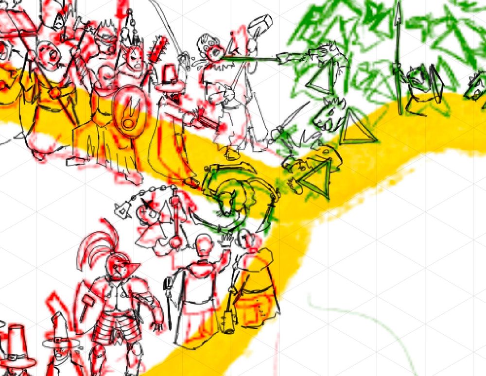 Work in progess sketch showing Skaven and Sigmarite forces clashing at an intersection from an isometric perspective.