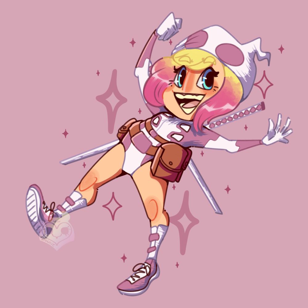 chibi gwenpool looking happy with one arm out and another in the air