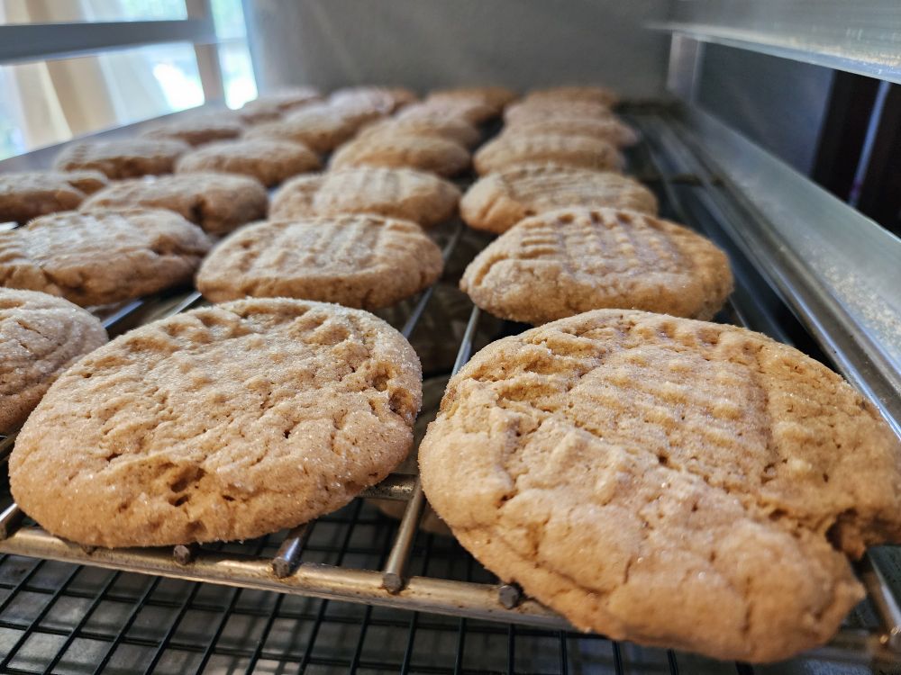 Sourdough Peanut Butter Cookies cooling on a wire rack.