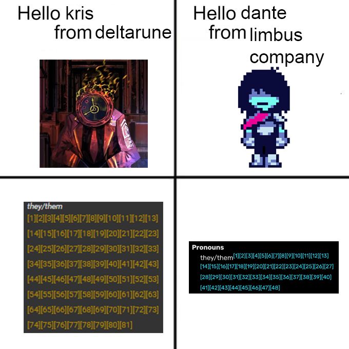 dante: hello kris from deltarune
kris: hello dante from limbus company
dante: they/them with 81 citations
kris: they/them with 48 citations