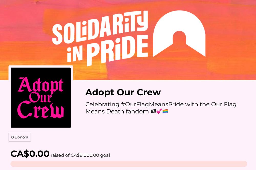 A screenshot of Adopt Our Crew's pride fundraising page for Rainbow Railroad showing a goal of $8,000.