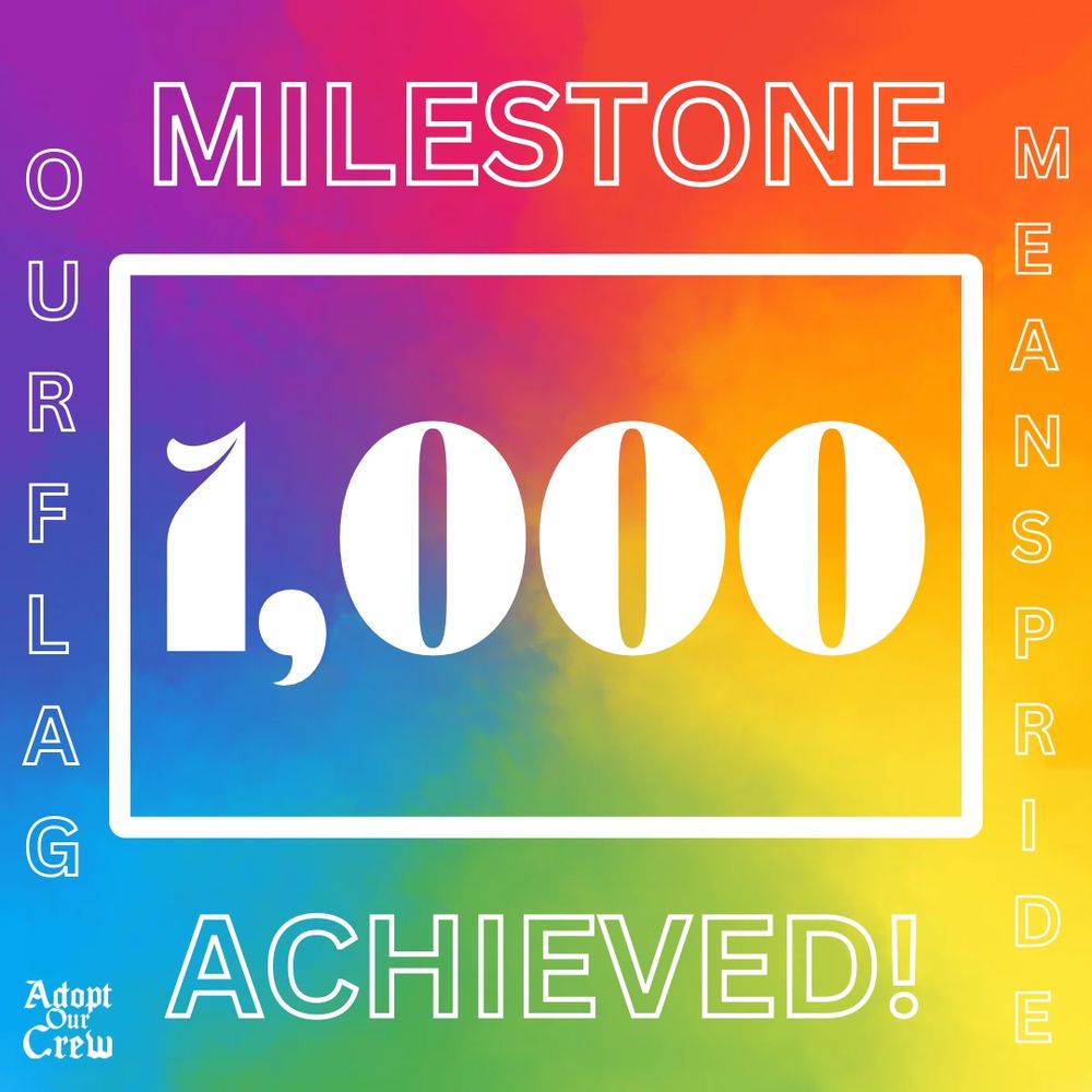 a tie-dye card stating that we've reached the $1000 fundraising milestone for #OurFlagMeansPride25