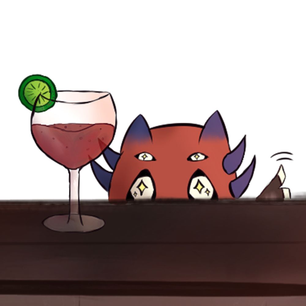 A cropped area of a digital artwork. A round, long stemmed glass stands on a wooden countertop, in it a partially translucent red liquid and a lime wheel is stuck onto the rim. Behind the counter, a Ruzader with sparkles in its eyes peeks over the edge. A Ruzader is a mostly red bug-like creature with two pairs of black eyes with white pupils, two blue-violet horns in a shape like cat ears and four spikes in the same color on the sides of its head. Also peeking up over the counter is the tip of its axe-blade-shaped tail.

