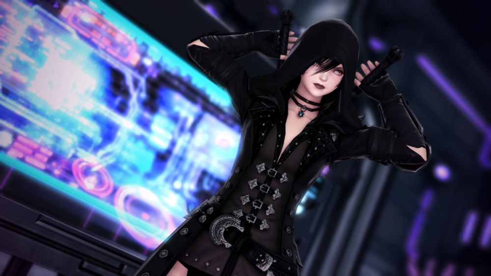 Hearing a disturbance in the hall nearby Nika prepares to draw her weapons for a fight.