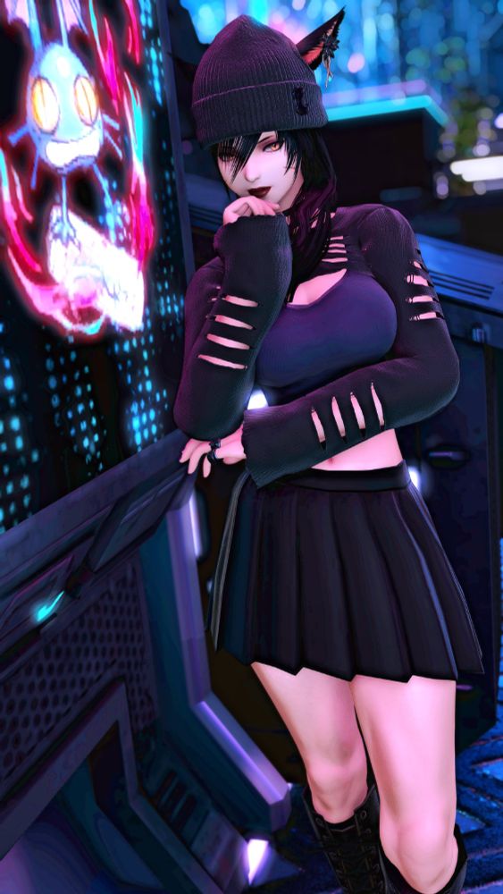 Pale, dark-haired, golden-eyed, half-Miqo'te woman (Nika) leaning against a vending machine in Solution 9. Nika is wearing the new Leisurewear top (purple crop-top and black cut up knit-top), a black skirt, black boots, and a knit cap. She appears to be trying to decide what she would like to get from the vending machine.