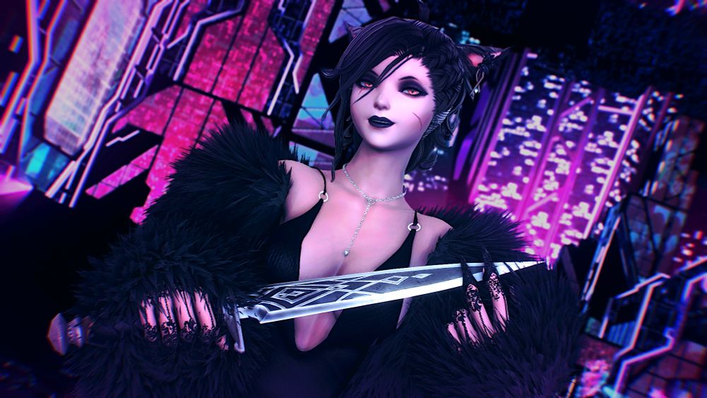 Pale, dark-haired, golden-eyed, half-miqo'te woman, Nika, brandishing a dagger amidst the sprawling city of Solution 9, her expression one of confident allure and intent.
The text reads:
Tread carefully, lest you fall into the spider's web.
The quotes are in German and taken from a Within Temptation song, "Cyanide Love"
"Eins, zwei, drei, vier,
ich habe nichts gesehen
Ich habe nichts gehört,
ich werde nicht reden"
Which translate to:
One, two, three, four, I didn't see anything.
I didn't hear anything. I won't talk.

The suggestion being that these are words being spoken to her by someone who has been caught in her web.
