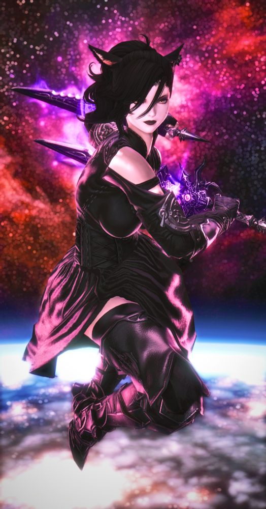 Nika positioned above Etheirys in a defensive posture, her weapons drawn facing off against an unseen enemy.