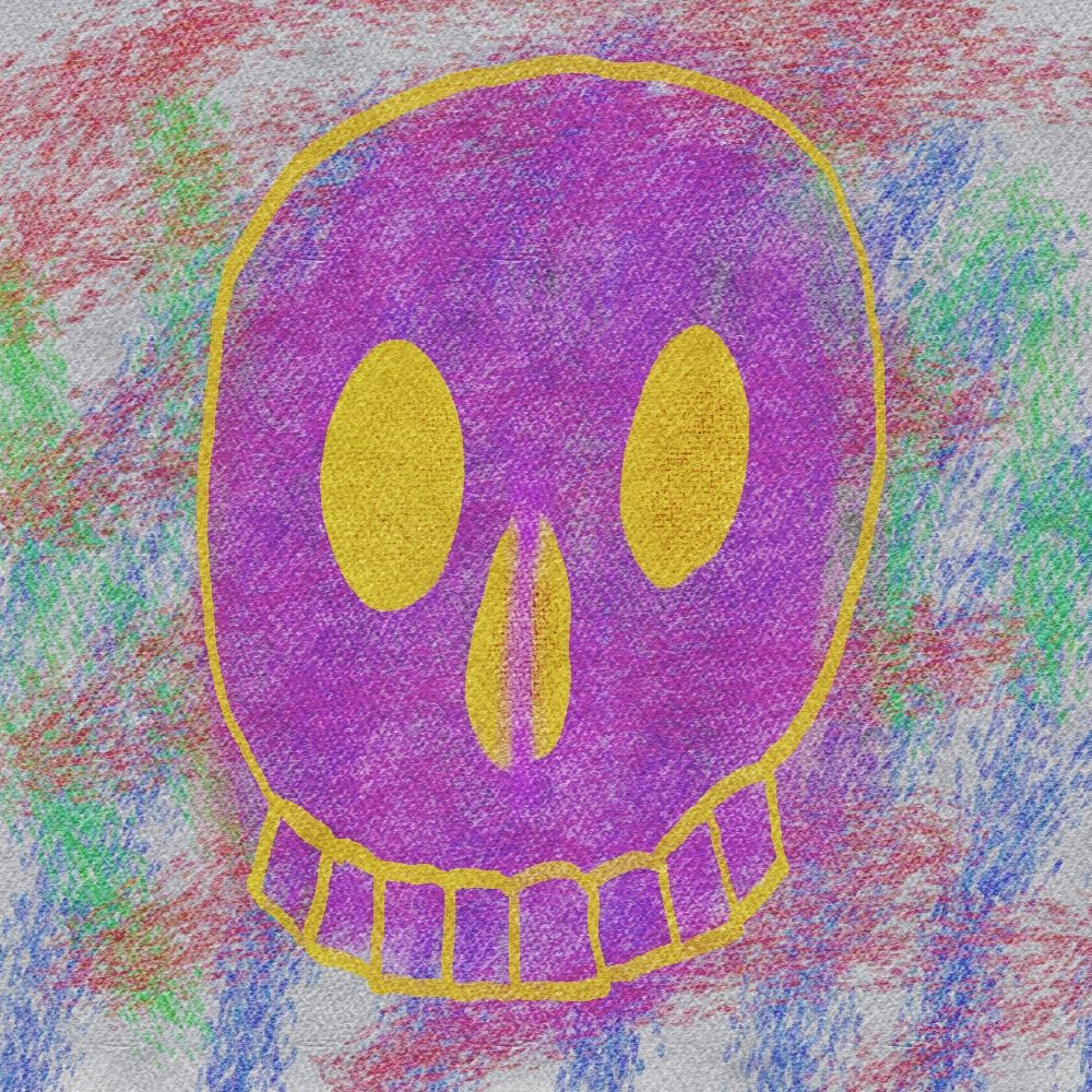 digital painting of a purple skull with gold outlines