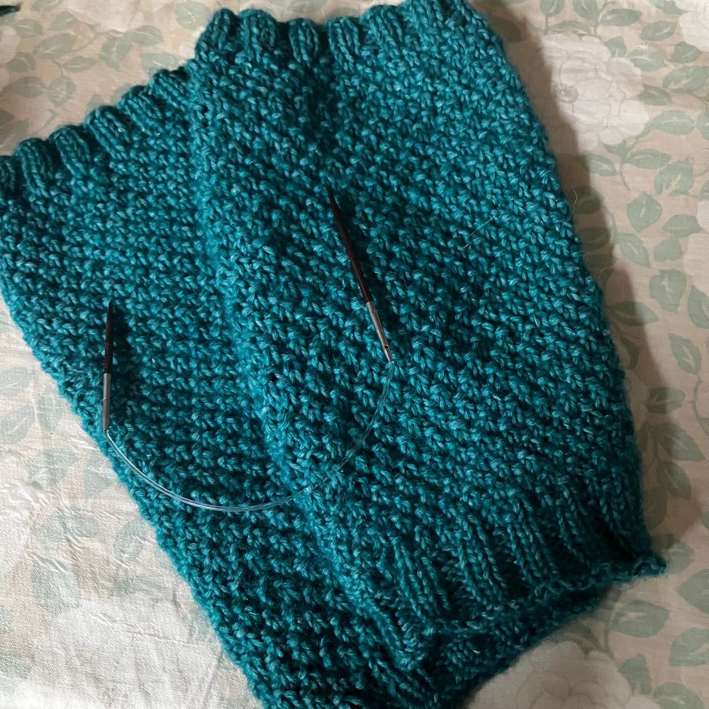 청록색 레그워머 한쌍 위에 숏팁 대바늘이 놓여있다