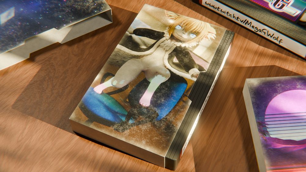 Some VHS tapes and covers lay on top of a table, the middle cover shows a furry character standing on an office chair like they are riding a surfboard.