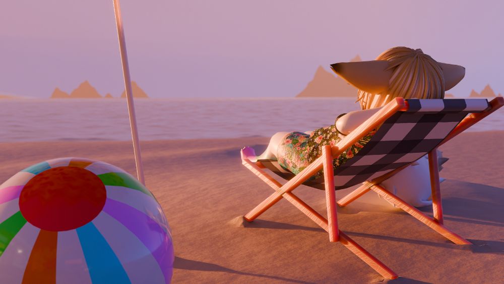 My furry character is laying down on a folding chair on the beach during the sunset, the ocean in front of him. there is a beach ball on the left.
