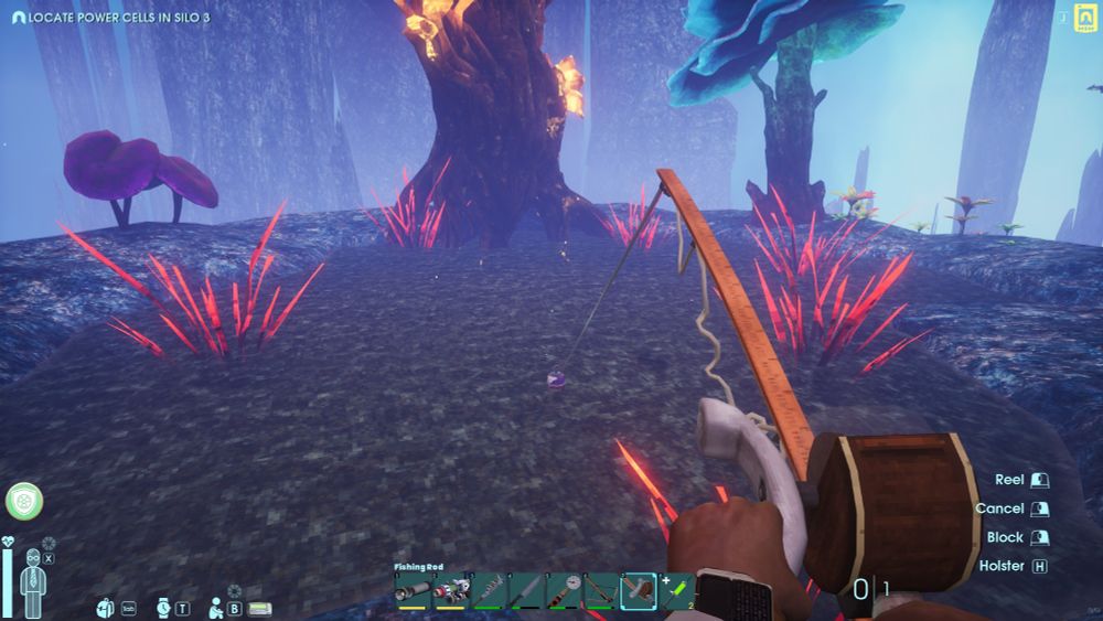 A screenshot from the game Abiotic Factor. It shows someone fishing in a small pond located in an alien environment with glowing plants and trees. 