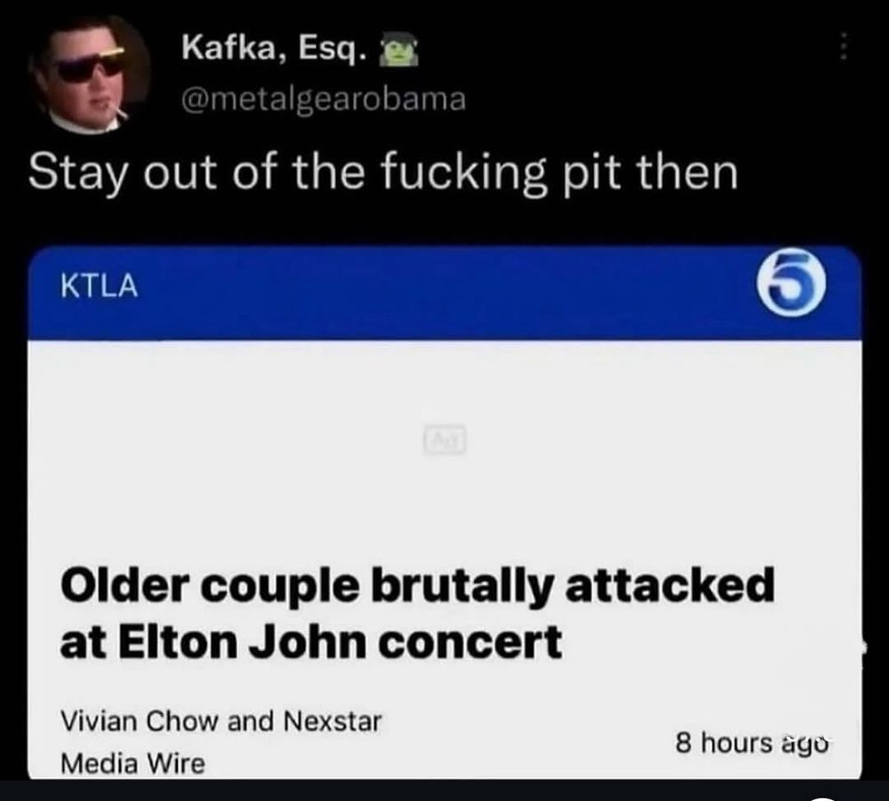 KTLA news headline, which reads "Older couple brutally attacked at Elton John concert." Anonymous online witling comments, "Stay out of the fucking pit then"