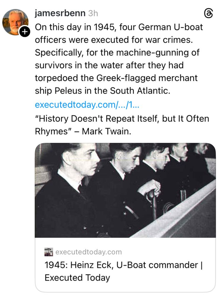 Screenshot of James Benn referring to article in which Germans murdered Greek sailors, using a quote "History doesn't repeat itself, but it often rhymes" falsely attributed to Mark Twain.