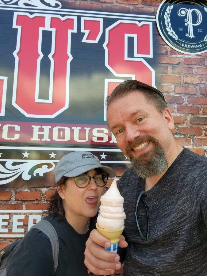 Christian and Rebecca pose for the photo op, having obtained the soft-serve raspberry beer cone.