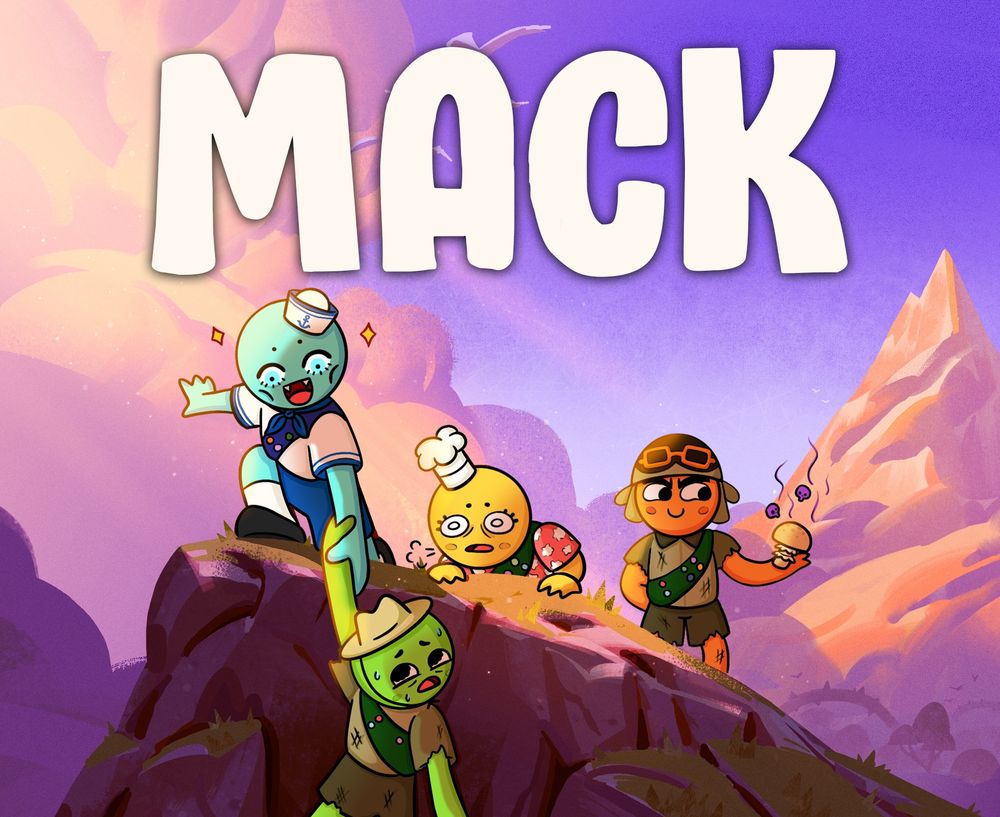 A paintover of the original PEAK artwork but with Chris's terrifying blue fanged character helping Mika's scared green character up. My yellow character is huffing pulling myself up on the mountain while Kat's orange character is scheming on eating a poisonous mushroom off to the side.