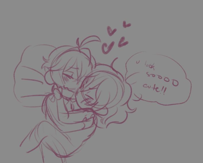 A rough doodle of Elijah giving Haruomi a smooch. Dialogue from Elijah reads "u look soooo cute!!"