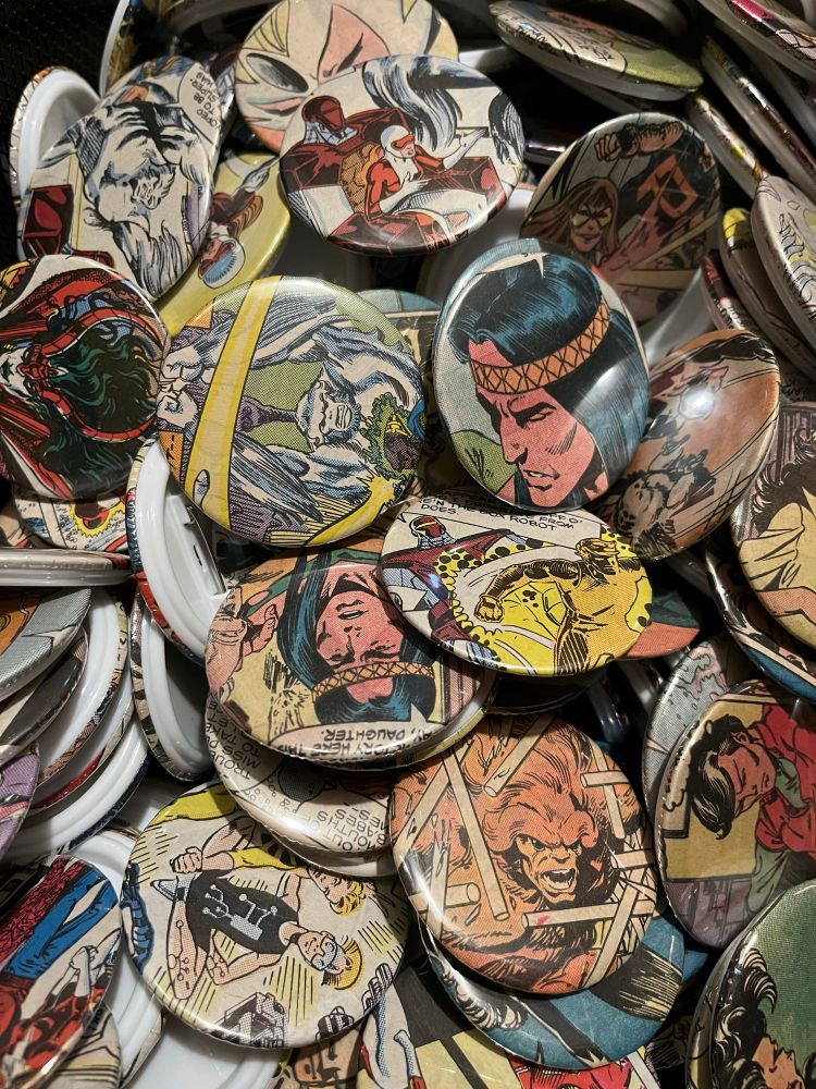 Pin back buttons made from Alpha Flight comics