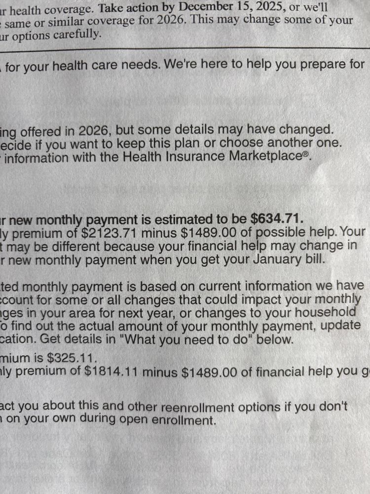 $634.71 new rate WITHOUT subsidies. Nearly Double our rate from 2025.