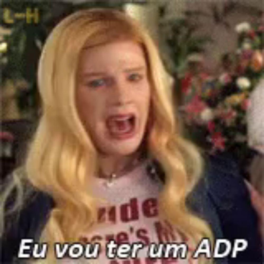 a woman with blonde hair is screaming and wearing a white shirt that says eu vou ter um adp .