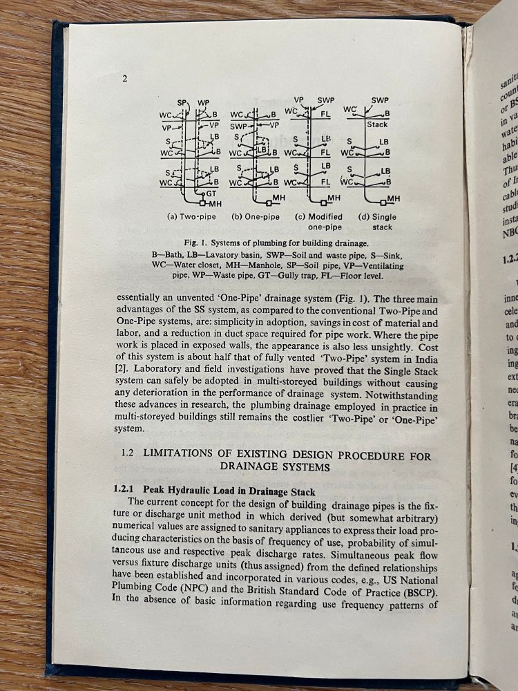 Page of a book with four diagrams, one showing a fully ventilated, two pipe configuration, another showing a fully ventilated one pipe configuration another showing a modified one pipe configuration and another showing a single stack