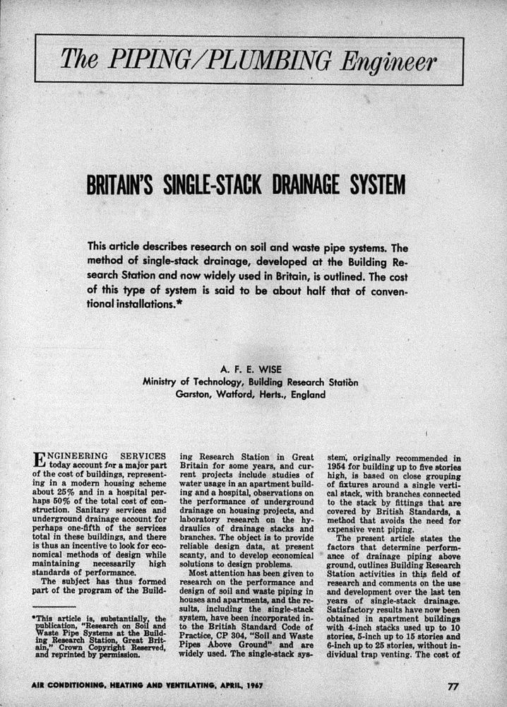 Screenshot of cover page from ‘The Piping/Plumbing Engineer’ titled ‘Britain’s Single-Stack Drainage System’ by Alan F. E. Wise