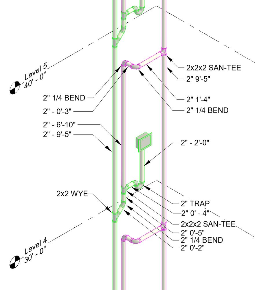Digital 3D model from Revit showing vent piping at each trap serving the utility box for washing machines
