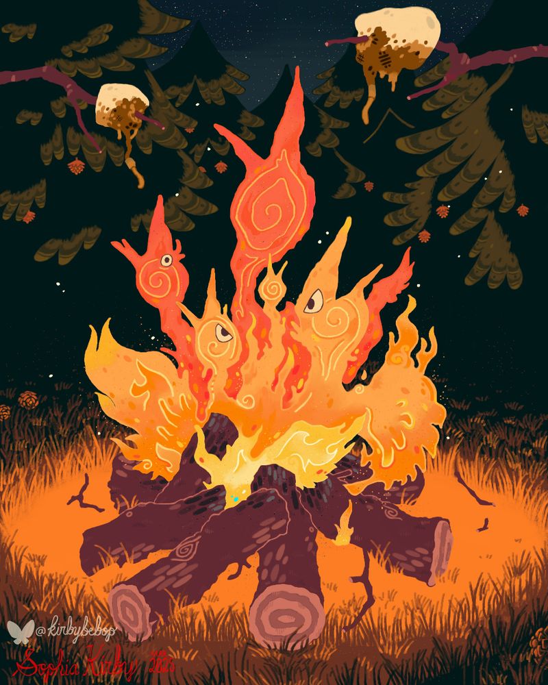 Original art, digital. In the center is a bonfire whose flames are shaped like hungry baby birds as they flap their "wings" and crane their heads toward marshmallows on sticks being dangled above them. The drooping, melted parts of the marshmallows resemble worms. The bonfire rests on a grassy campsite illuminated by its light. There are pine cones on the ground as well as in the trees, whose coniferous leaves are also slightly illuminated and feather-like. Behind those is the starry night sky. Embers from the flames are floating around it.