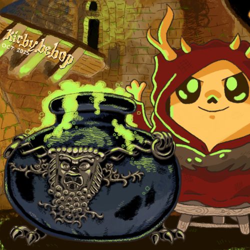 Artwork depicting a cauldron with a lion's head emblem, bubbling over with green substance.  Standing over it is a villainous ravioli with horns and red hooded cloak on a stepping stool, arms raised to conjure an army of the dead.  The background is the inside of a castle.  The entire piece is a reference to Disney's "The Black Cauldron."