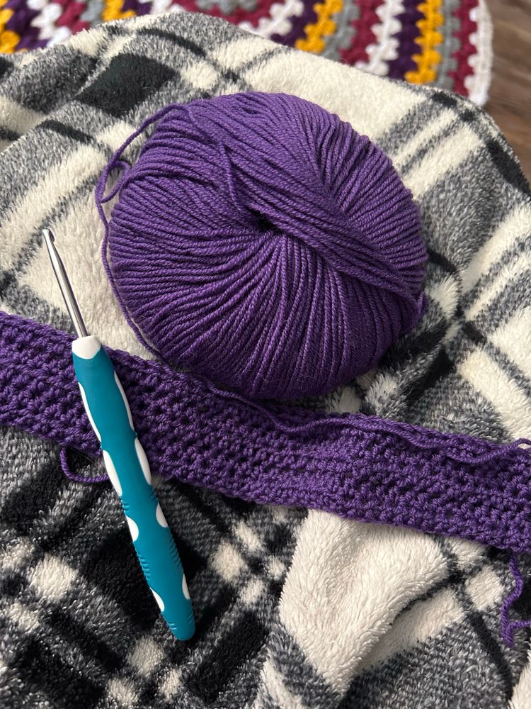 A crochet work in progress. There are a few rows of deep purple yarn worked. There is a light blue crochet hook on top of the project