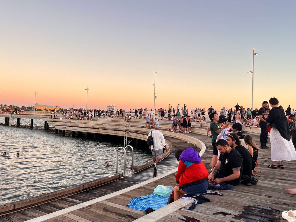Sunset behind the curve at the end of the new St Kilda Pier.