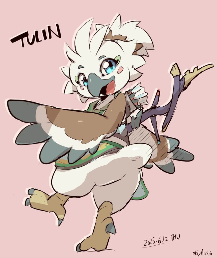 Tulin looks back.
credit: Tulin (Legend of Zelda Tears of the Kingdom)