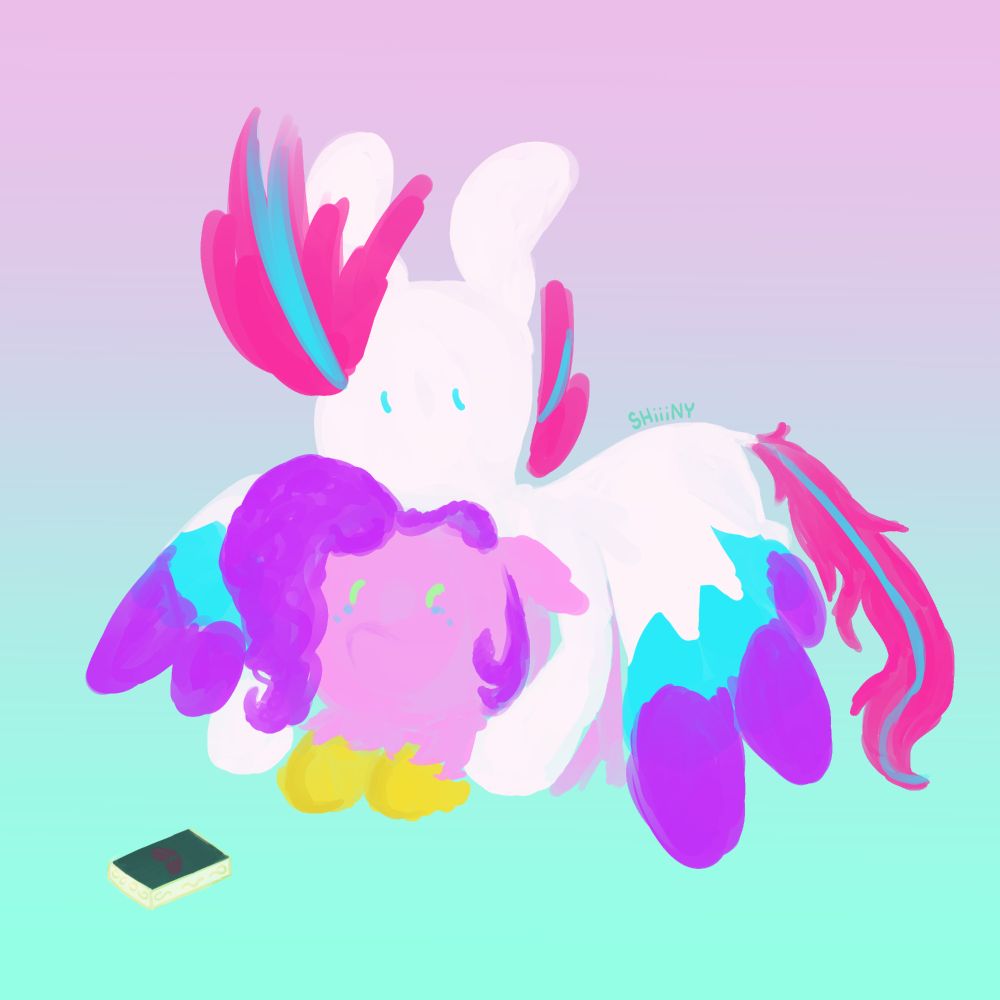 lineless digital art of Zipp Storm laying on top of Pipp Petals, wings hugging over her body. Pipp's phone is laying on the ground in front of her with a broken heart on the screen, and she's looking up at Zipp with tears in her eyes.