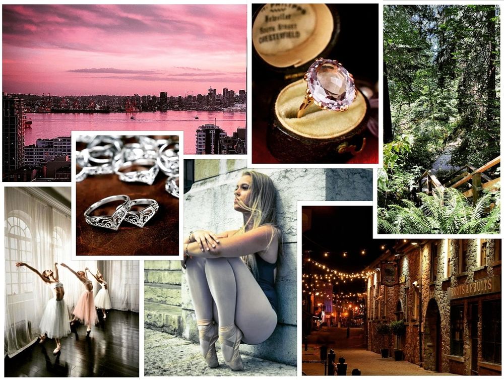 A town around a harbour in pink (Vancouver); a lavender ring; a spill of silver slave rings on a mahogany surface; three ballerinas in tutus and pointe shoes, arms raised, on a dark wood floor; a blonde ballerina in leotard and tights crouched in pointe shoes, her back against a stone wall; a wooden staircase into a rainforested ravine; a stone building lit up at night (Kyteler's Inn, Kilkenny, Ireland).
