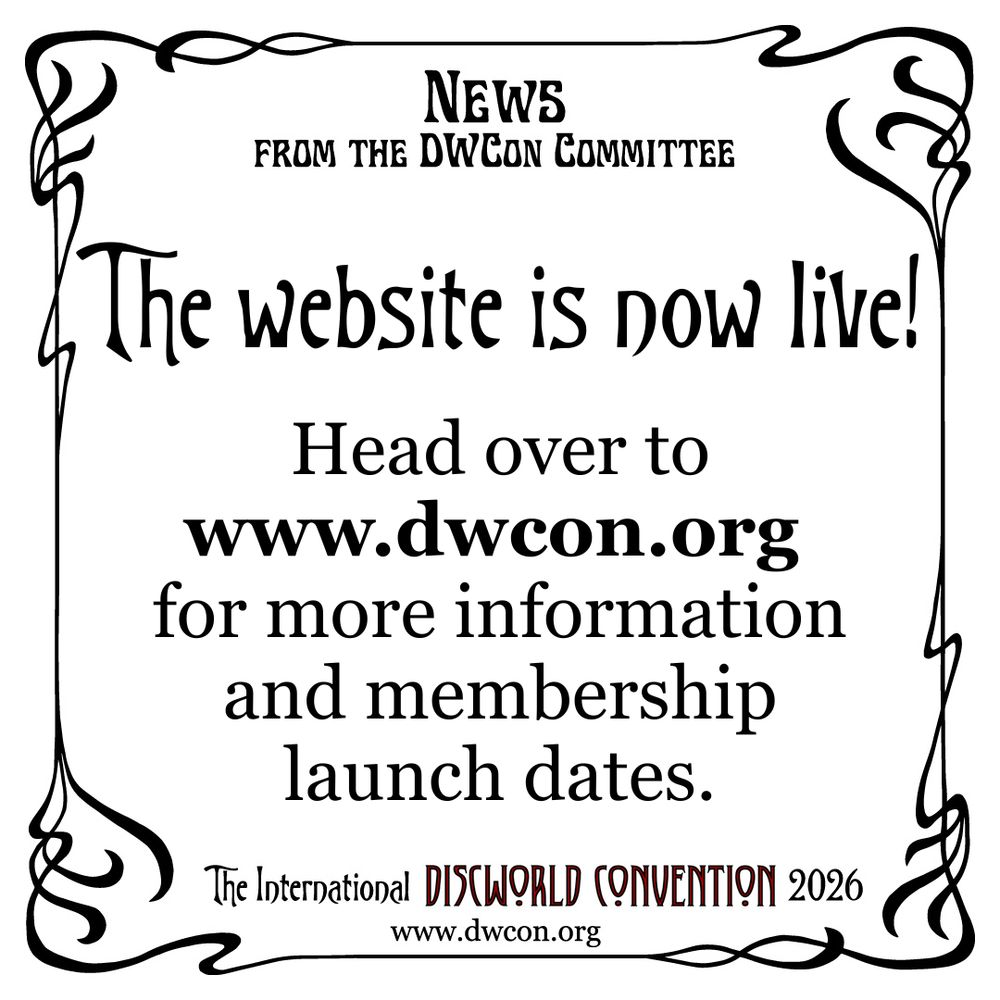 A white square background with black art nouveau border and text reading "The website is now live.  Head over to www.dwcon.org for more information and membership launch dates"