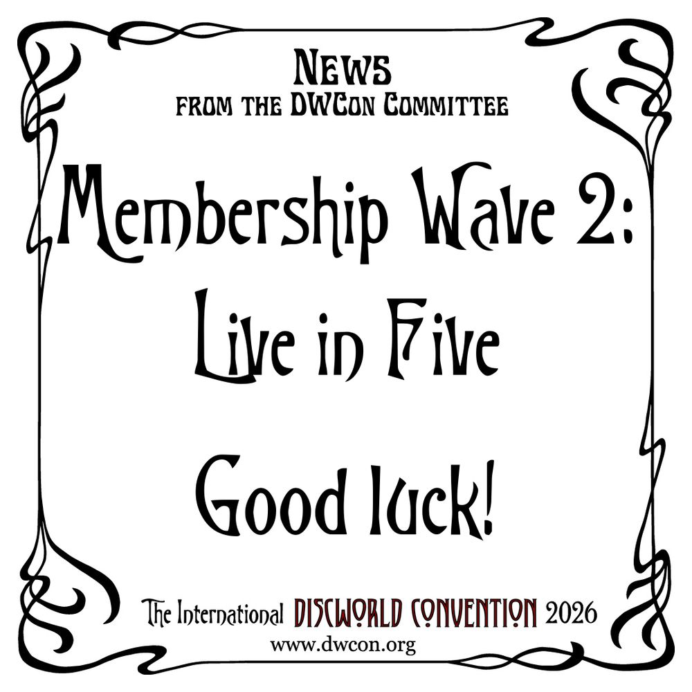 A white square with art nouveau border and text reading "Membership Wave 2: Live in Five! Good Luck!"