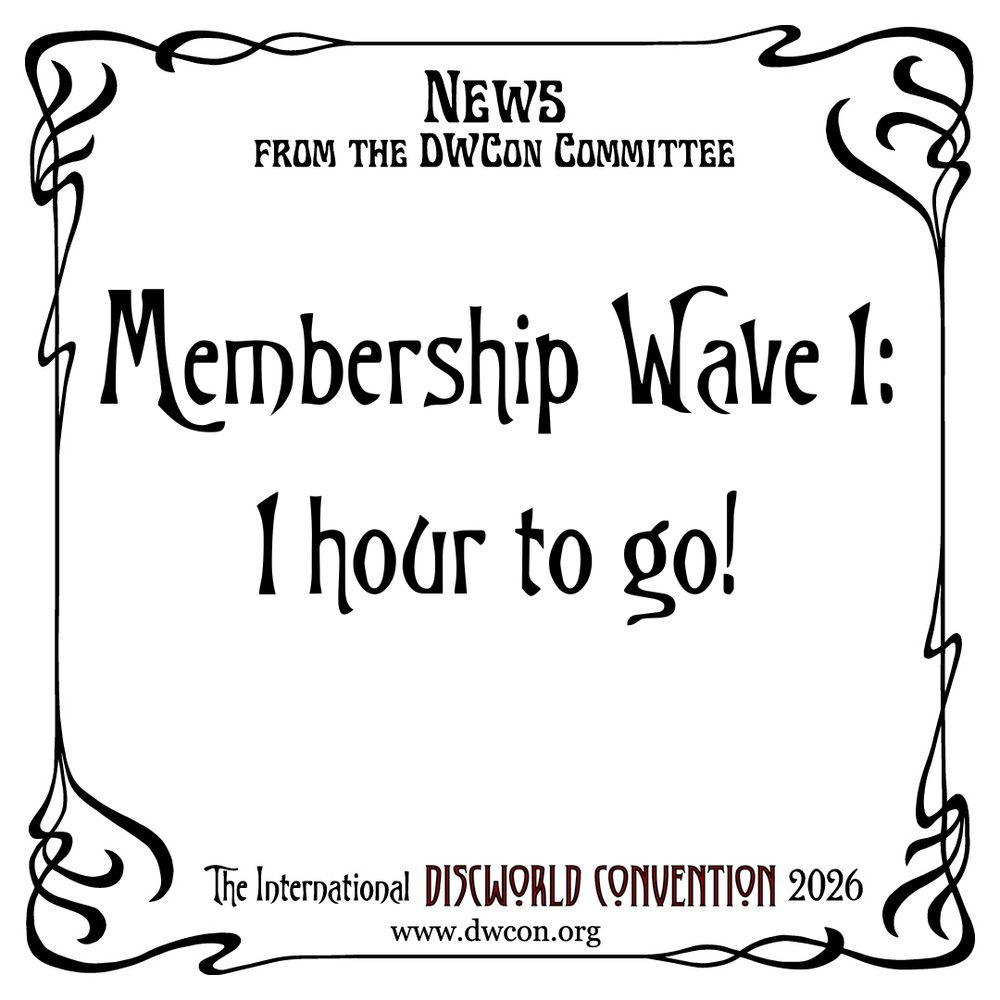 A white square with art nouveau border and text reading "Membership Wave 1: 1 hour to go!"