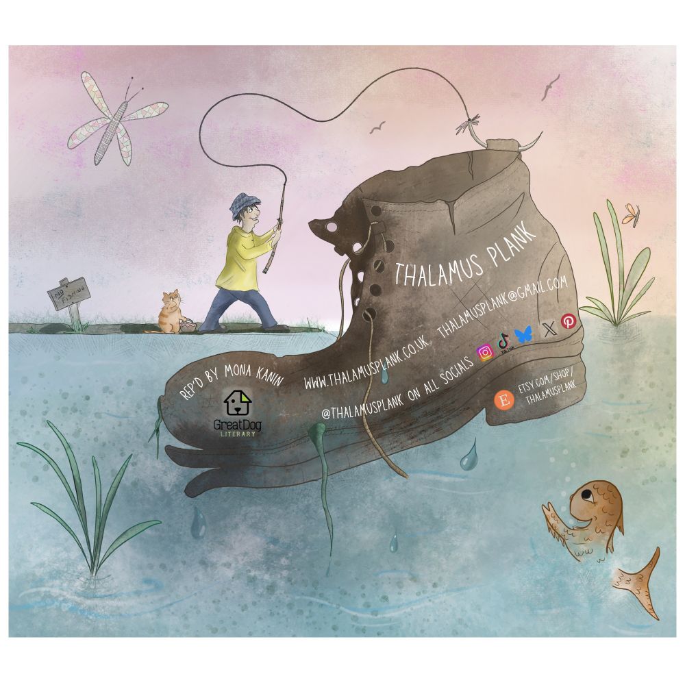 Fisherman reeling in a boot with the contact details for Thalamus Plank (author/illustrator) written on it. 