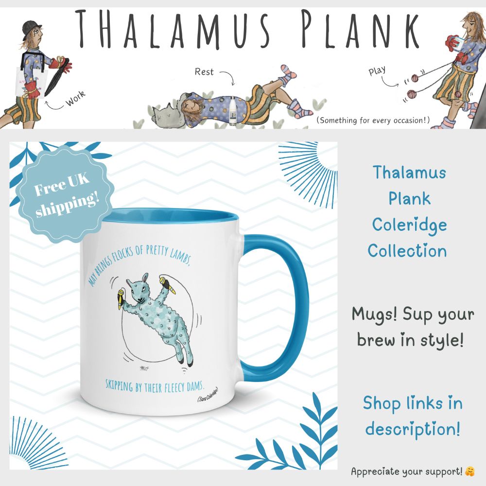 Mug with picture of a lamb skipping with a skipping rope with the quote, May brings flocks of pretty lambs skipping in their fleecy dams'