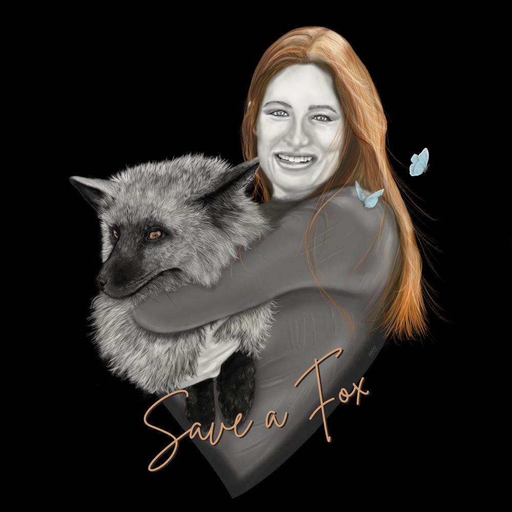 Portrait of Mikayla Raines holding a fox on a black background 