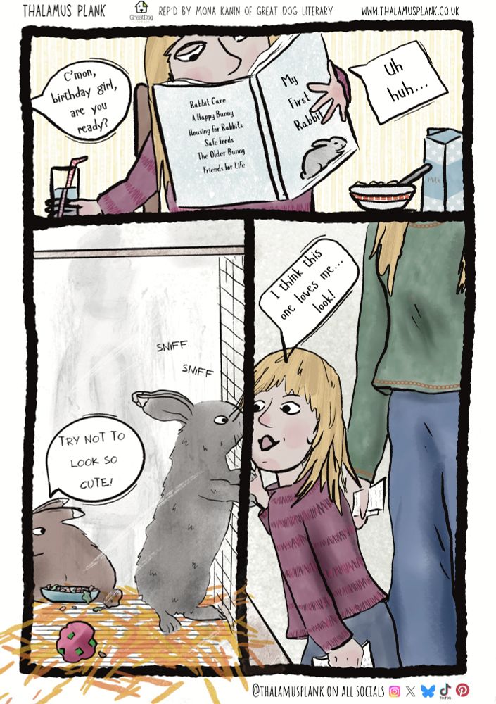 Page from a graphic novel, depicting a girl eating breakfast whilst reading a book about rabbit care. Then picture of same girl in the pet store, choosing a rabbit. 