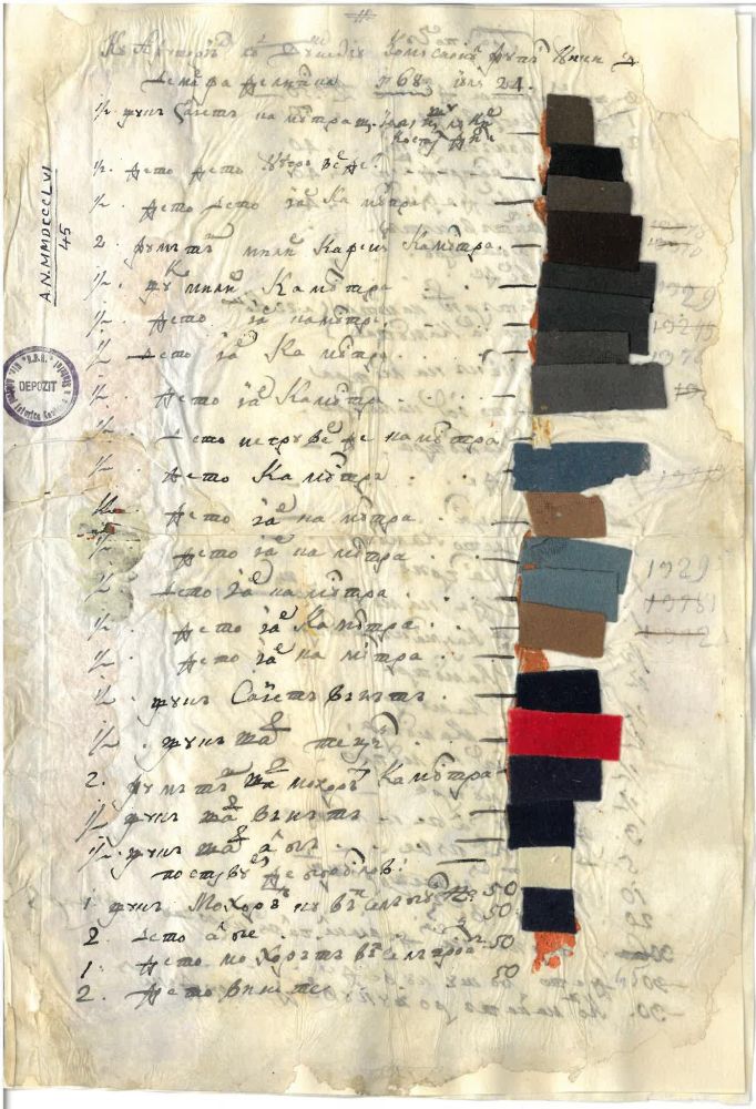 Silk/wool fabric samples attached to a document, Bucharest 1768