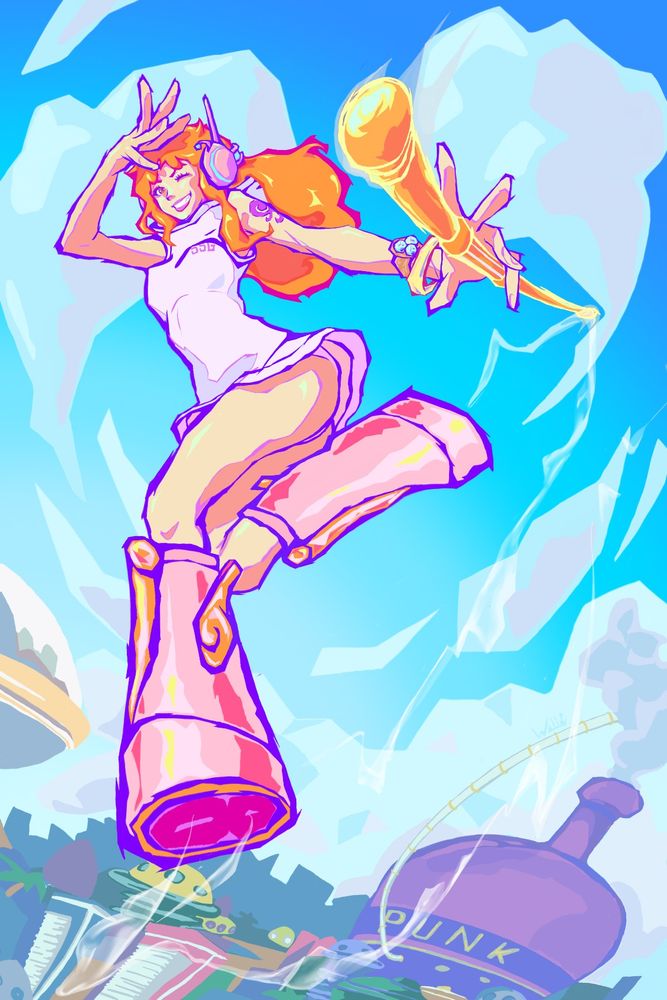 One piece character Nami, in the egghead arc. Lower quarter of picture shows the city of egghead, kind of futuristic. Bottom right corner has a large purple bottle from the city. The sky takes up most of the background, light blue, with a swirl of clouds in pastel blues, pinks, and purples. The main focus of the image is the character Nami from one piece. She is wearing the outfit from that arc. A fitted and very short mini dress, which I chose to tint purple. Its sleevless,with a hood. The letters SSG are on her chest. Her footwear are rocket boots of sorts, bubblegum pink with orange highlighting. She is seen flying above the city holding her 'clima-tact', which is a bright orange, and very baton like. She has orange hair, and blue headphones. Her arm on the right side has her tattoo, and log pose for navigation. The log pose looks like a watch.