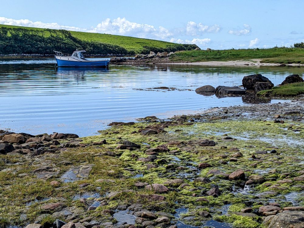Blue boat on a shallow loch in Ireland on a sunny day.