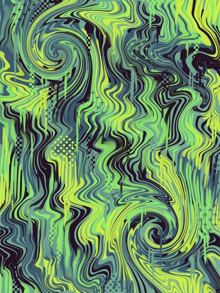 an image of a trippy patten with a dark blue, teal, green, and yellow