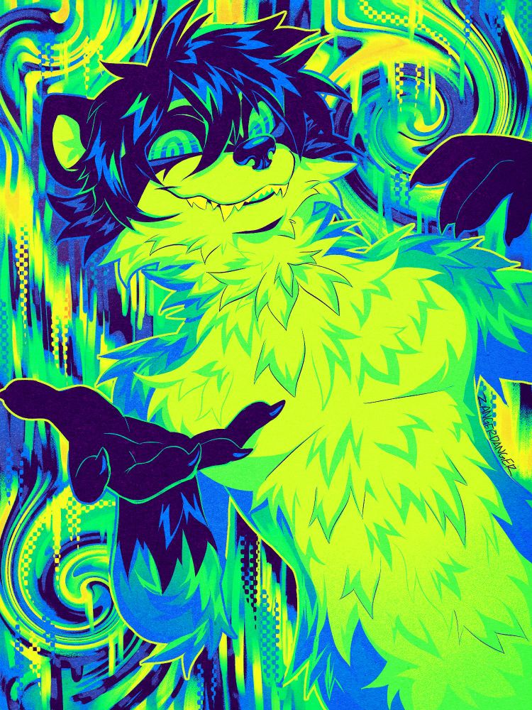 A digital illustration of a anthro raccoon smiling deviously with their hand reaching out beckoning the viewer. Their eyes are in a hypno pattern. The illustration is mainly blues, purples, greens, and yellows with a intense swirly pattern background.