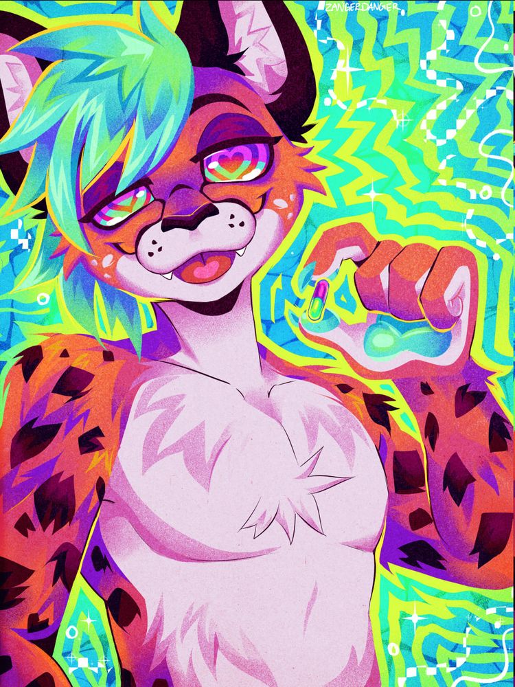 A digital illustration of an pink anthro cheetah facing the viewer with half lidded heart shaped hypno eyes. They have fluffy teal hair framing their face and are smiling with their tongue poking out. They are holding a pill in their hand. The illustration is brightly colored and has a teal and yellow hypno pattern in the background.