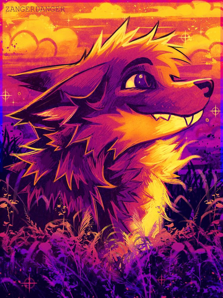 A digital illustration of a profile view of a anthro fox. There is plants and grasses all around with the illustration drawn with sunset colors.