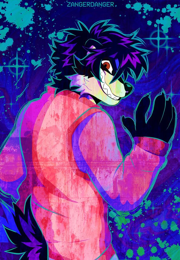 A digital illustration of an anthro raccoon gesturing in a "bring it on" pose, ready to fight. Behind him is greenish paint splatters on a blue gradient. 